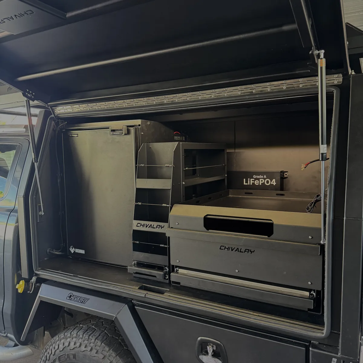 Chivalry drawer system with LiFePO4 battery in custom ute tray build